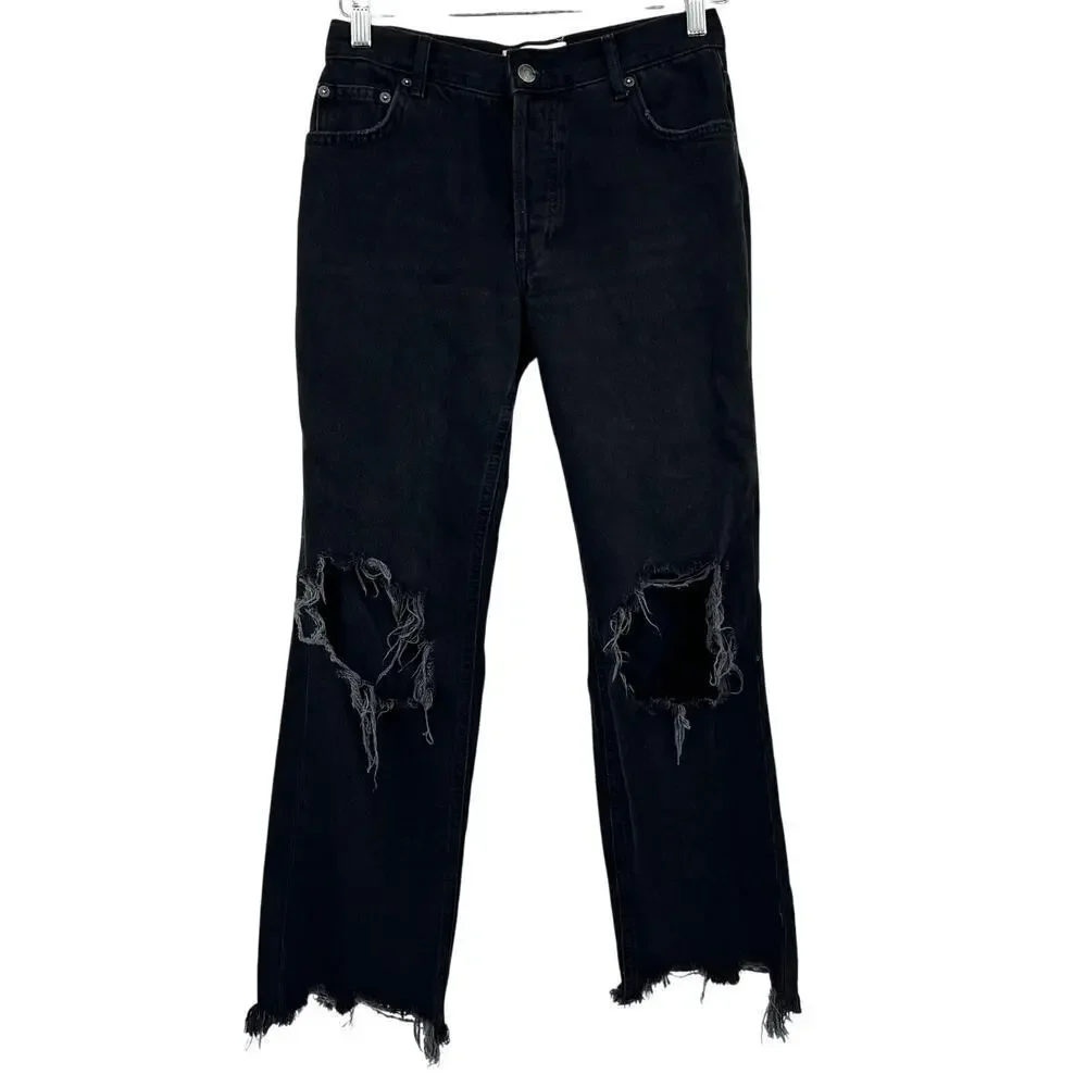 We The Free Women’s Size 25 Black Denim Crop Distressed Jeans Raw Hem Hi-Rise